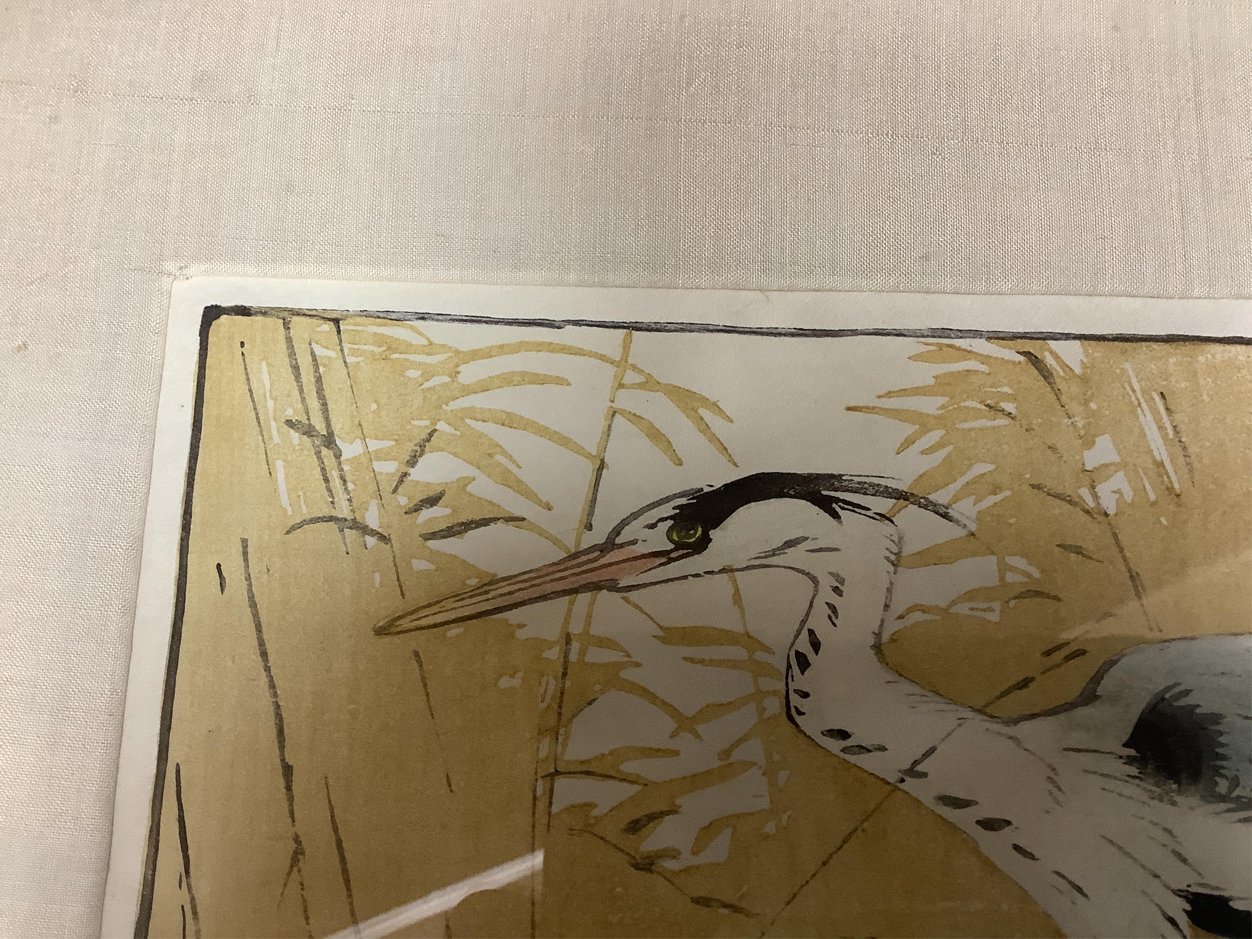 Allen W. Seaby (1867-1953), woodcut in colour, ‘Heron’, signed in pencil, limited edition 4/100, label verso, 16 x 22cm. Condition - good